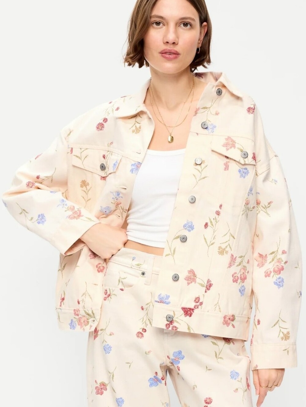Old Navy Floral Print Oversized Cotton Jean Trucker Jacket Cream M